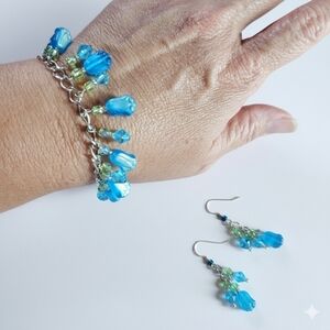 Tulip 7.5" Charm Bracelet Earrings Set Handmade Blue Czech Glass Flower Beaded